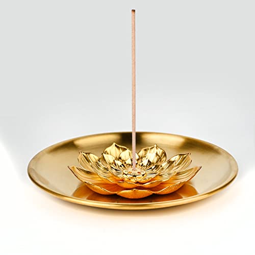 5 In 1 Incense Burner,Sage Holder,Palo Santo Burner,Lotus Incense Holder Set For Incense Sticks/Coil/Cone With 5.5” Large Brass Ash Catcher For Meditation Yoga Room Fragrance(Gold) #TOP6