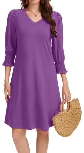 Elegant Women's V-Neck Midi Purple Dress with Flowing Fluffy Sleeves Ruffled Cuffs and Pockets,Small