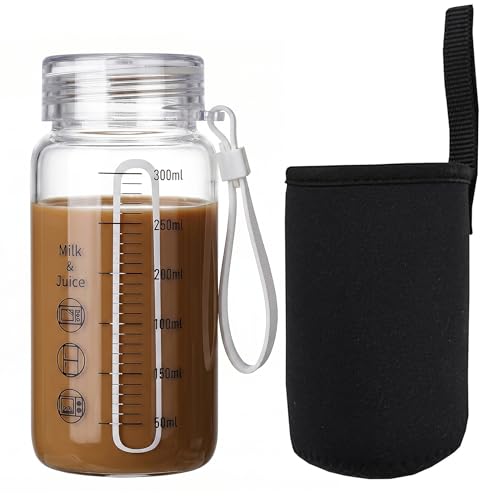 Yeaxxsqy Botella de leche de vidrio con tapa, botella de agua de vidrio de borosilicato de 300 ml, taza apta para microondas a prueba de fugas con funda, agua de borosilicato