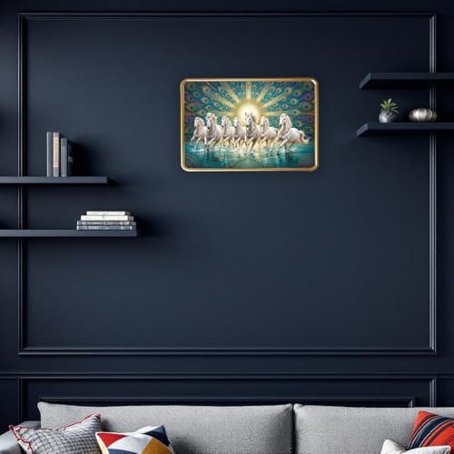 Image of Vastu 7 Seven Running Horse Photo Frame, Golden Slim Frame, Sparkle Coated Lamination, 30x45 cm (Design 10)