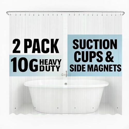Arayarser 2 Pack Shower Curtain Liners with Magnets Suction Cups & Side Magnets for Leak Guard 10G Heavy Duty Clear 72x72