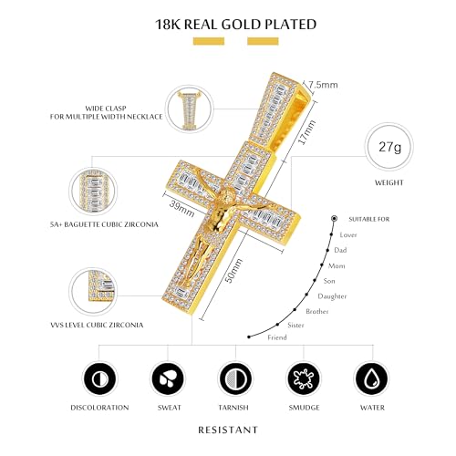 Mens Womens Crucifix Necklace Jesus Cross Chain Iced Out Baguette REAL White Gold/ 18K Gold/Rose Gold Plated Christian Large Pendant (Give 3mm 24inch Gold Plating Rope Chain)2