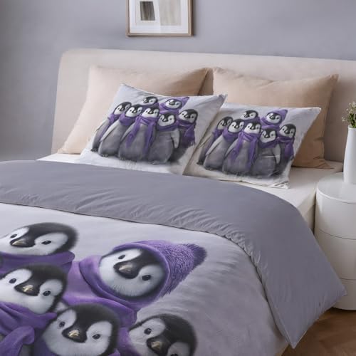 Ensembles de réversible housse de couette violette aux manchots douillets - 5