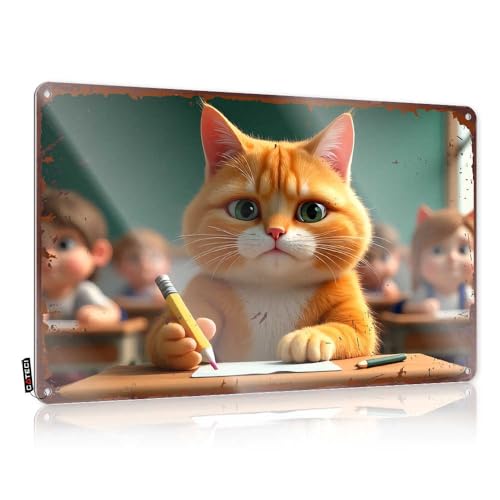 LOP Divertido letrero de estaño con diseño de gato jengibre en el aula, decoración del hogar, bar, cueva (20 x 30 cm)