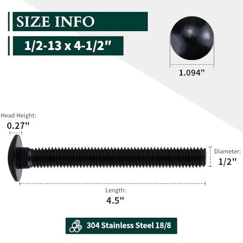 Image of 1 /2-13 x 4-1 /2 inch Black Steel Carriage Bolts, 304 Stainless Steel 18-8, Round Domed Head Square Neck Carriage Bolts Screws, Coarse Thread UNC, 4 PCS