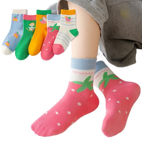 5 Pairs Girls' Crew Socks for 1-14 Years Old for Spring Fall, Cute Cartoon Strawberry Mid Calf Socks for Kids Toddler