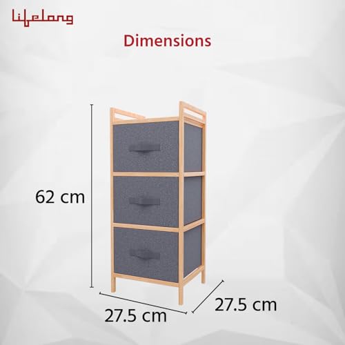Image of Lifelong 3-Drawer Fabric Storage Organizer with Wooden Frame | Multipurpose Storage Unit for Bedroom, Living Room, Office & Kids' Room | Lightweight Drawers| Foldable Non-Woven Fabric Drawers | Grey