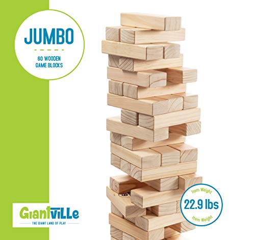 Giant Tumbling Timber Toy - 60 Jumbo Wooden Blocks Floor Game for Kids and Adults, w/ Storage Crate - Premium Pine Wood, Life Size- Grows to Over 5-feet While Playing