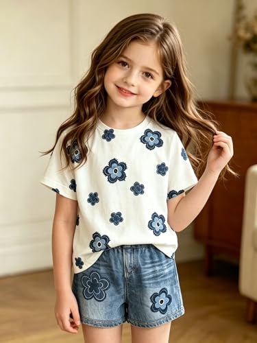 Image of Ayzozuy Kid Girl Clothes Shorts Set 2 Piece Outfits Summer Casual Short Sleeve Top and Shorts Set for Girls 4-7
