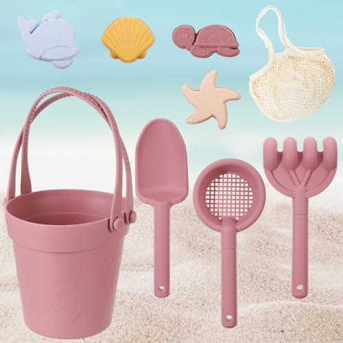 Image of MEWTOGO Silicone Beach Sandbox Toys Set for Toddlers 1-3, Girls Baby Toys with Shovel Portable Beach Bag, Kids Beach Bucket with Sand Toy Molds for Outdoor Summer Playset Travel (Pink, 9Pcs)
