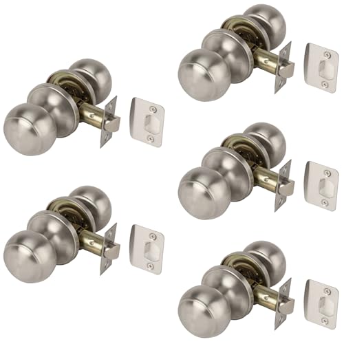 Hunta HANDLEZONE 5 Sets Riva Passage Knobset Non-Locking Interior Door Knobset Adjustable 60-70mm Latch Satin Stainless Steel