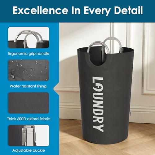 Image of 100L Laundry Basket with Tech Handle, 2in1 Dirty Clothes Hamper Dark Grey | Hand or Shoulder Carry, Collapsible Foldable Bin, Plastic Handle, 600D Oxford with Waterproof PE Coating for Dorm, Bathroom