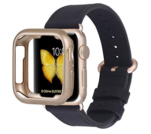 JFdragon Compatible with Apple Watch Bands 38mm 40mm 42mm 44mm Accessories Women Men Genuine Leather Strap for iwatch SE Series 6 5 4 3 2 1(Black/Champagne Gold, 38mm/40mm S/M)