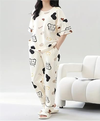 Image of Louis Luxe Womens Korean Night Dress || Full Pyjama Set ||Korean Nightsuit || Women Nightwear ||Round Neck Full Sleeve Nightsuit || Loungewear || Everyday Nightdress (ND-10)