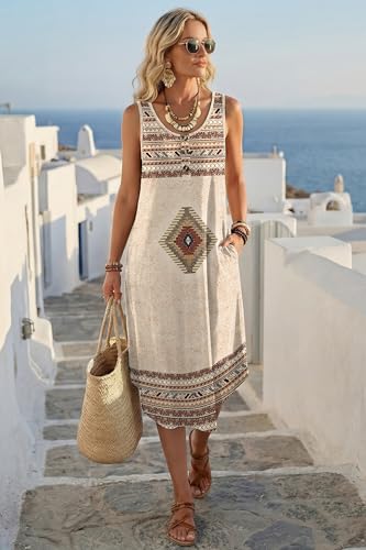 Image of WIHOLL Summer Dresses for Women 2026 Button Front Sleeveless Casual Midi Dress Beach Vacation Sundresses with Pockets