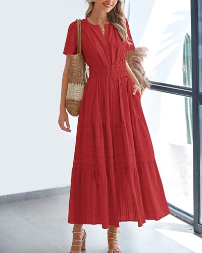 BTFBM Womens Summer 2026 Casual Midi Maxi Dresses Lightweight Short Sleeve V Neck Elastic Waist Boho Beach Dress Pockets - image 2