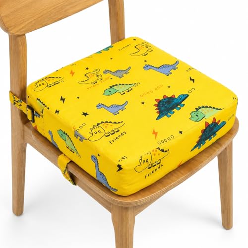 Image of Toddler Booster Seat for Kitchen Chair & Dining Table -Yellow Dino | Firm Support Booster Cushion with Easy-to-Clean Wipeable and Adjustable Straps,Portable Non-Slip Kids Booster Seat for Table