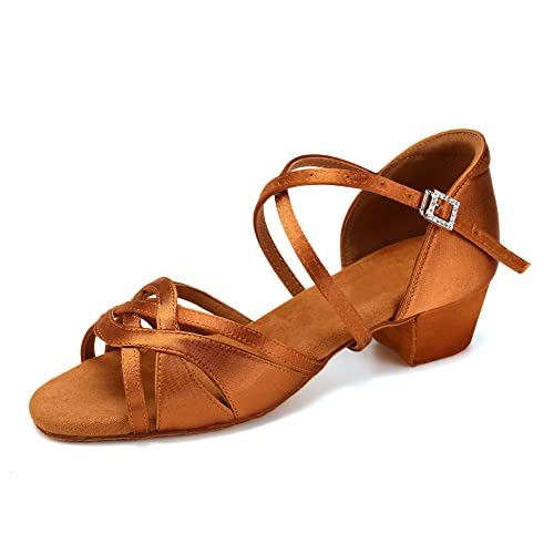 HIPPOSEUS Girls Latin Dance Shoes Silk Satin Ballroom Salsa Dance Practice Performance Shoes Suede Sole