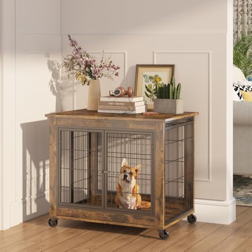Caja de descanso segura para perros, estilo de muebles, caja para perros, mesa interior, caseta para perros, puerta doble, ruedas para la movilidad diseño de madera para el hogar, 186 (marrón)