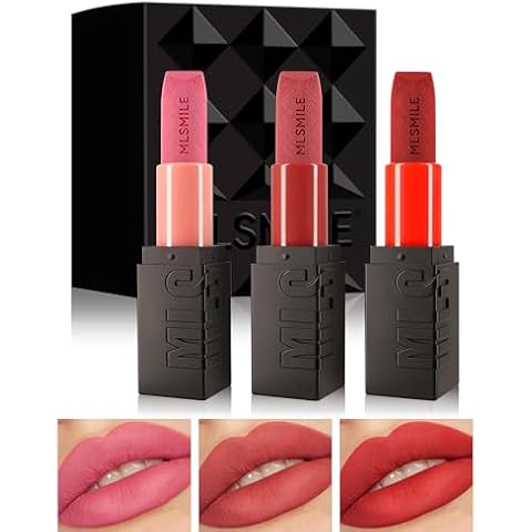 3 Pcs Matte Lipstick for Women Set,Rose Pink Nude Pink Bright Red Nude Matte Lipstick Long-Lasting Lip Makeup,Waterproof Smudge Proof Velvet Lip Gloss 24 Hours Lip Stick Lip Color Gift for Girls-Set A Cover