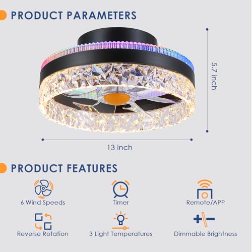Image of Mpayel 13 inch Low Profile Ceiling Fan with RGB Light - Modern Bladeless Flush Mount Ceiling Fan with Remote, Quiet DC Motor, 6 Speeds, 3CCT Dimmable LED Light for Kids Room, Bedroom & Bunk Beds