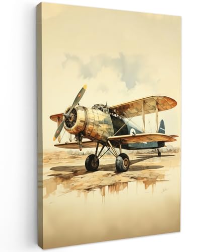 MuchoWow© Impression sur Toile Peinture 40x60 cm Tableau Mural Decoration Salon Reproductions de Tableaux Murale Moderne Vintage - Avion - Eau - Beige -...