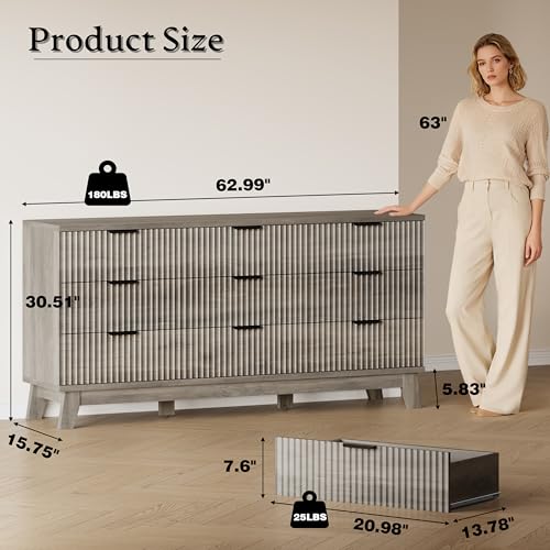 Image of BORNOON 63 inch Long Dresser for Bedroom, 9-Drawer Fluted Dresser, Extra-Wide Wood Chest of Drawers with Smooth Metal Slides, Stable Base, Modern Clothes Storage Cabinet for Living Room, Hallway, Nursery
