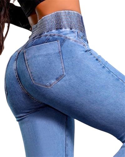 Women's Smocked High Rise Bootcut Jeans Curvy Tummy Control Stretchy Straight Wide Leg Trendy Butt Lifting Denim Pants3