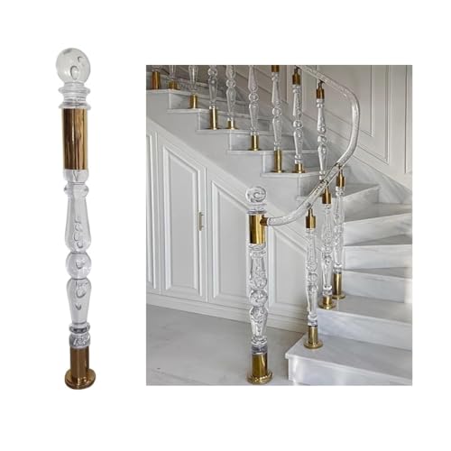 Rampe d'escalier cristal et balustres transparents avec socle doré pour salon contemporain