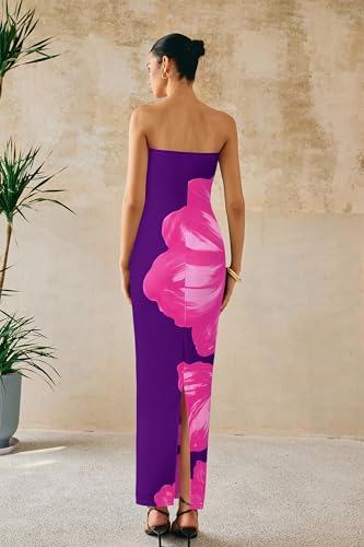Image of PRETTYGARDEN Women Summer Strapless Maxi Dress Bodycon Floral Sexy Long Wedding Guest Dress Formal Tube Mesh Cocktail Dresses