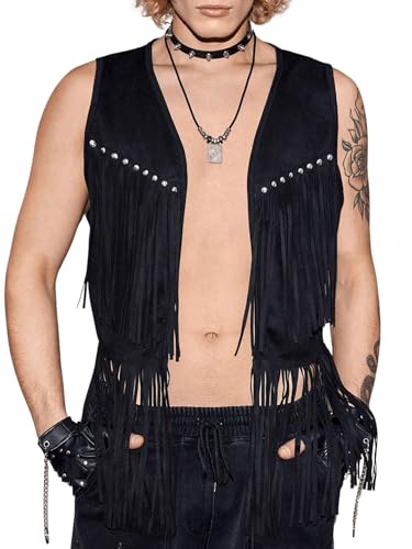 Verdusa Men's Sleeveless V Neck Studded Detail Fringe Trim Open Front Vest Jacket4