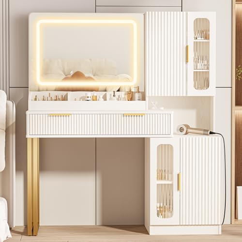 42" Modern Makeup Vanity Desk with Mirror and Lights, Makeup Vanity with 5 Shelves& 2 Drawers and Cabinet, Vanity Table with Power Outlet, 3 Color Adjustable Lighting Dressing Table Set for Bedroom