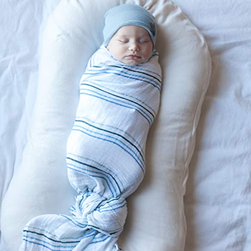 Image of Ely's & Co. Cotton Muslin Swaddle Blanket 2-Pack for Baby Boy - 100% Cotton Muslin Extra-Large Swaddle Blankets (47 inch x 47 inch) Blue Rainbows | Blue Stripes