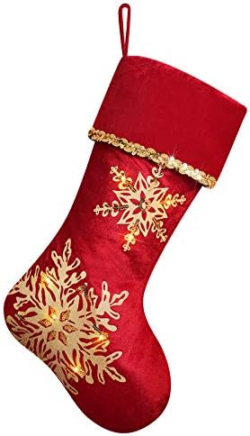DAVID ROCCO Red Gold Christmas Stocking, 21 inches Fashion and Luxury Christmas Stocking with Glistening Snowflake.(red)