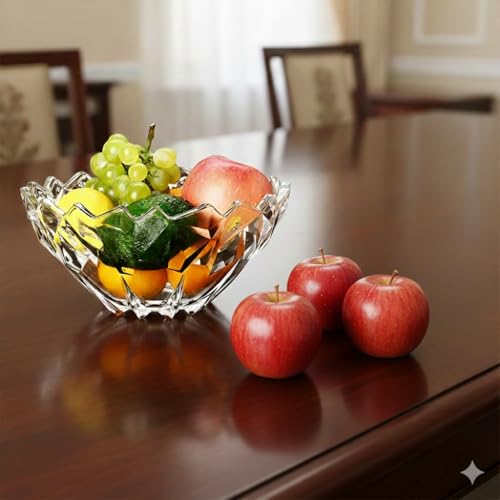 Image of Decorative Crystal Glass Fruit Bowl 12 Inch Set of 1, Elegant Diamond Cut Design Serving Centerpiece for Dining Table, Kitchen Counter, or Living Room
