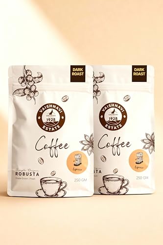 Image of Vaishnavi Estate's Dark Roast Robusta Coffee | Single Origin | Shade Grown | Freshly Roasted & Ground | Espresso - (250g, Pack of 2)