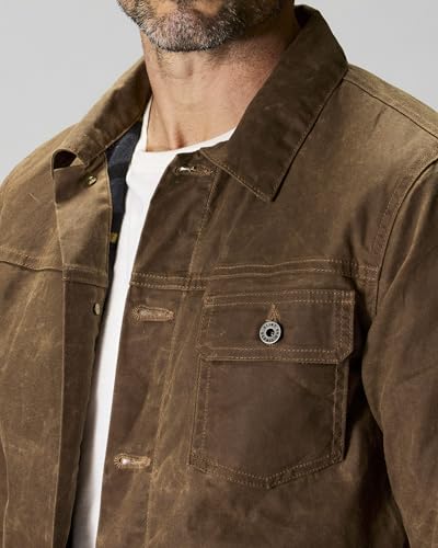 Image of Huckberry Flint and Tinder Men's Flannel-Lined Waxed Trucker Jacket, Water & Weather Resistant Mens Jacket