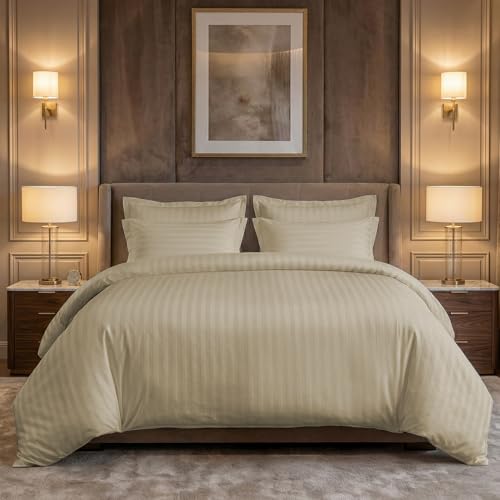 Image of LINENWALAS Cotton 300 TC Fitted Bed Sheet for Single Bed | Signature 2 CM Sateen Stripe Design | All-Around Elastic for 4-8 Inch Mattresses | Luxury Hotel-Style Bedding (36 x 78, Pearl)