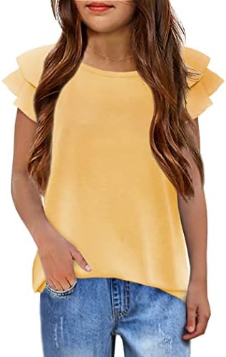 Arshiner Mädchen T-Shirts Gewellte Ärmel Sommer 5-13 Jahre | Einfarbig Rundhals Kurzarmshirt, Baumwolle Bequem Shirt, Weich Basic Tops, Freizeit Oberteil