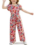 Haloumoning Girls Floral Jumpsuit Kids Fashion Short Sleeve Belted Wide Leg Romper One Piece Outfits with Pockets