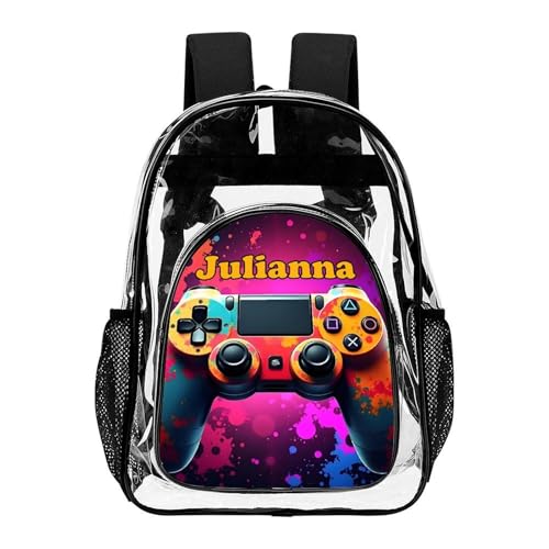 Personalized Gamer Controller Black Clear Backpack For Kids Custom School Clear Backpack for Boys Girls With Name Back to School Gifts Travel PVC Transparent Book Bags For Stadium Gifts