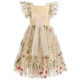 Toddler Flower Girl Dress for Wedding Floral Butterfly Daisy Flutter Sleeve Princess Birthday Tulle Sundress Formal Tea Party Bridesmaid Ball Gown Easter Halloween Dresses Apricot 3-4 Years