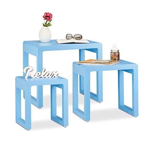 Relaxdays Set 3 Tavolini da Salotto Sovrapponibili, Stile Elegante, Legno Laccato, Blu, Varie Misure