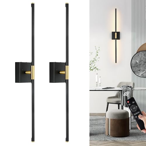 Image of 10000mAh Battery Operated Wall Sconces Set of 2, 3 Color Dimmable Rechargeable Wall Light with Remote, 30 Inch Black Gold Wireless Sconces Wall Decor with Timer Function for Living Room, Bedroom, TV