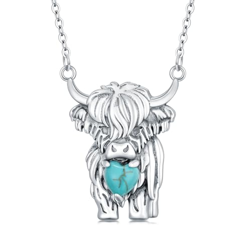 Highland Cow Necklace S925 Sterling Silver Turquoise Highland Cow Pendant Necklace Turquise Jewelry Necklace Gifts for Women Mom Wife Feriends