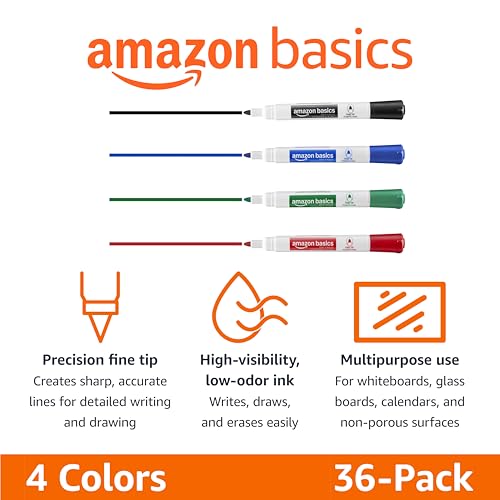 Image of Amazon Basics Low-Odor Dry Erase Whiteboard Markers, Fine Tip, Quick-Dry, 4 Assorted Colors, 36-Pack