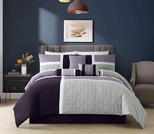 Chezmoi Collection Upland 7-Piece Quilted Patchwork Comforter Set, Lavender/Gray/Purple, Queen #TOP1