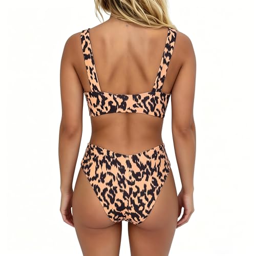 Image of geluboao Bikini Set for Women Solid V Neck Knot Front Push Up High Leg Thong Two Piece Swimsuit