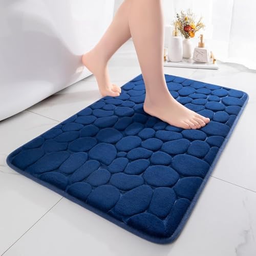 chakme Badematte rutschfest, 60x90 cm Dunkelblau Badezimmerteppich | Memoryschaum Badteppich, Waschbar Badvorleger, Wasserabsorbierend Kieselsteine Duschvorleger