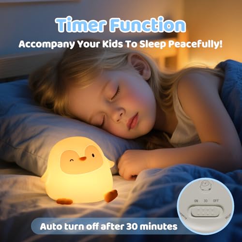 Image of Penguin Night Light for Kids, Squishy Silicone Touch Lamp with 2 Brightness Levels, Up to 50H Battery, 30-Min Auto-Off Timer, Soft Glow Bedside Nursery Lamp